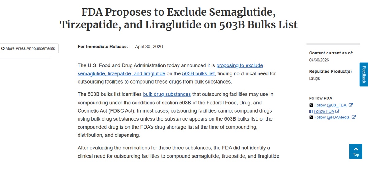 FDA Proposes to Exclude Semaglutide, Tirzepatide, and Liraglutide on 503B Bulks List.