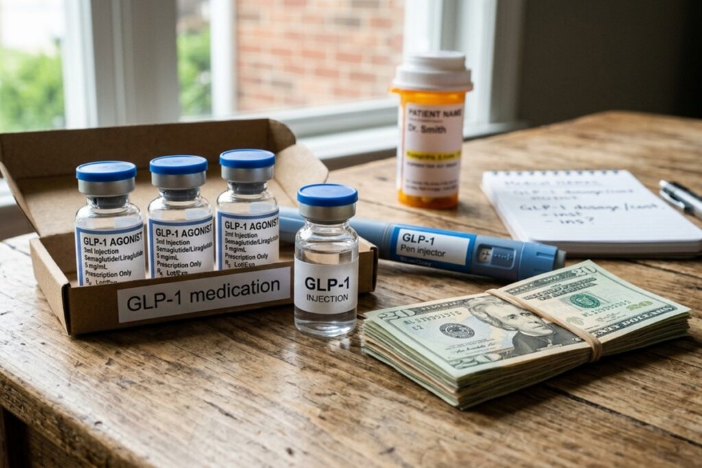 GLP-1 cost: GLP-1 medication vials next to a stack of money.